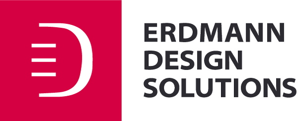 Erdmann Design Solutions logo in a red square: white ED monogram. "Erdmann Design Solutions" text on the right side.