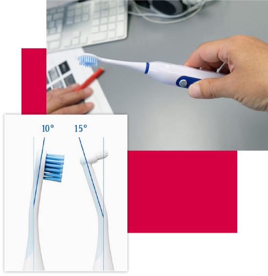 A collage of three elements: a photo of Curaprox electric toothbrush being tested, a photo showing the variable toothbrush's tip angles, and a red box in the background.