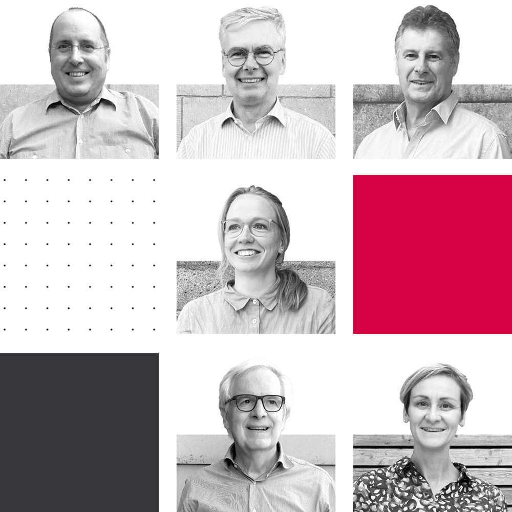 Grid made of Erdmann Solutions design team portraits and variety of brand-colored boxes.