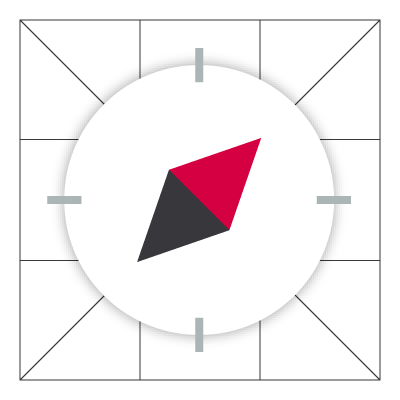 A compass icon in black, red, and white.