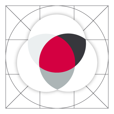A Venn diagram icon in black, red, and white.