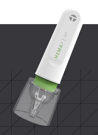 Tilted HemaPen device with black box and polygon pattern in the background.